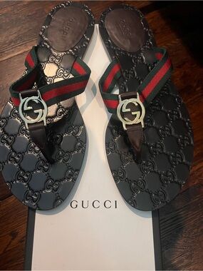 Gucci + GG + Web + Thong Sandals + Dark Brown + Size 39.5